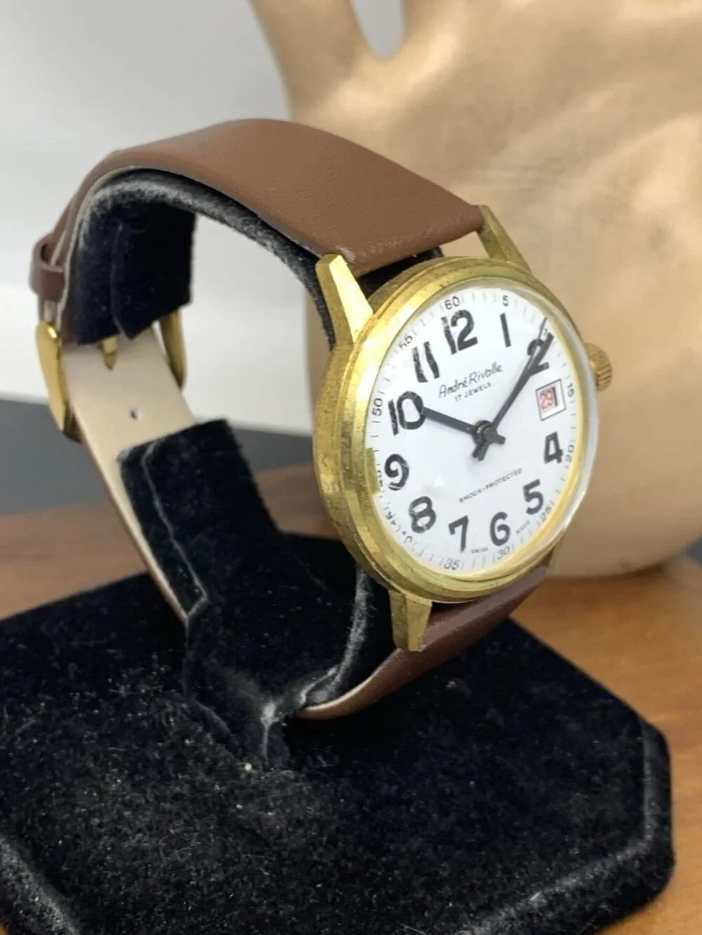 Andre Rivalle Men's Watch 8800 Vintage Swiss Hand Wind Brown Leather Strap